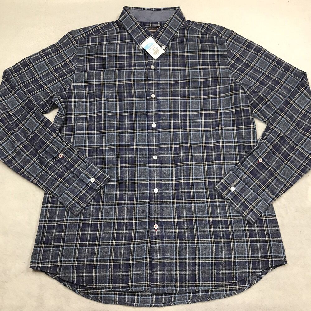NWT J McLAUGHLIN Westend Flannel Shirt Men L Blue Tartan Plaid Modern Fit Slim